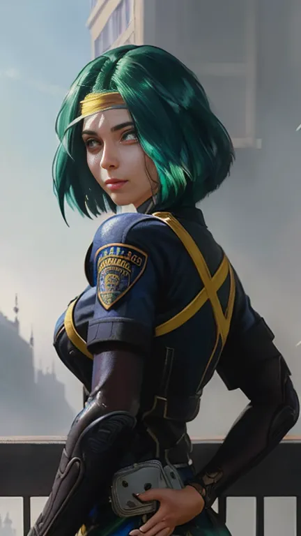 8k portrait of beautiful police girl, green hair, intricate, elegant, highly detailed, majestic, digital photography, art by art...