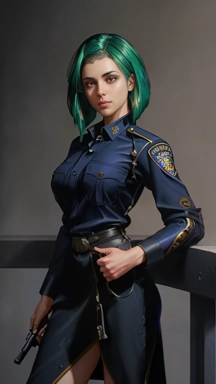 8k portrait of beautiful police girl, green hair, intricate, elegant, highly detailed, majestic, digital photography, art by art...