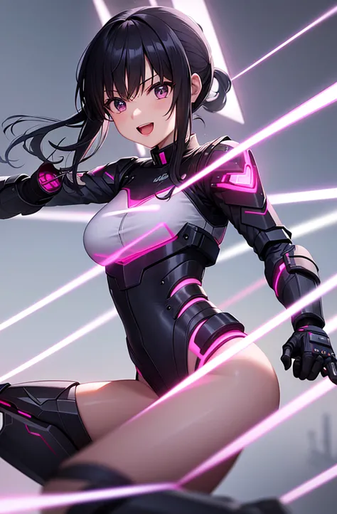 最high quality, high quality, 8K、High resolution,Highest quality、solo、Black Hair, Open Mouth Smile, A heroine of justice wearing ...