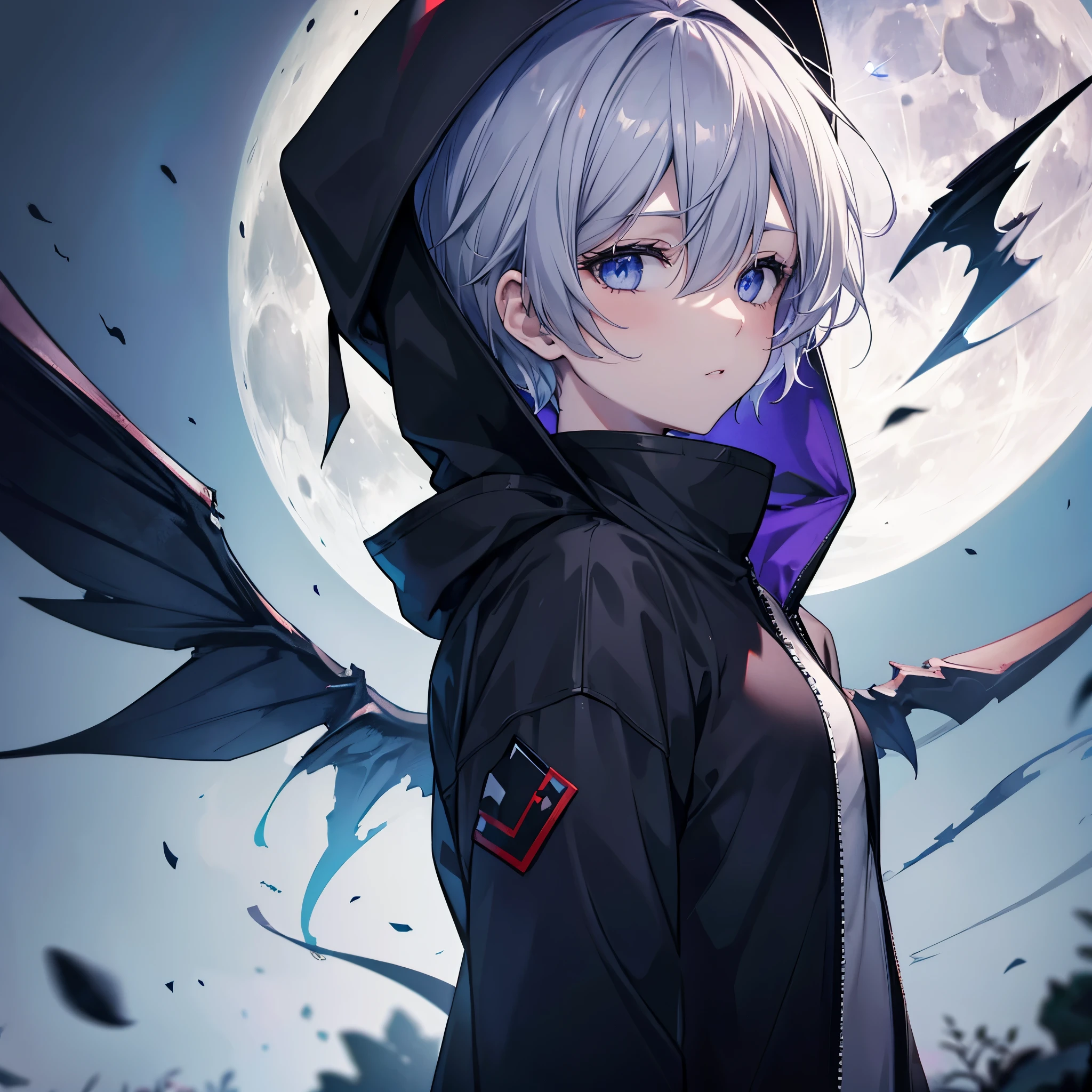 ((((grim Reaper　Inflammation))))　(((Gray Hair　short hair　blue eyes　woman　Center close-up)))，((night　full moon　My own big wings))，(Wearing a hood　Black camisole　Purple light)，　A tense look　Shining Background　Shining Edges