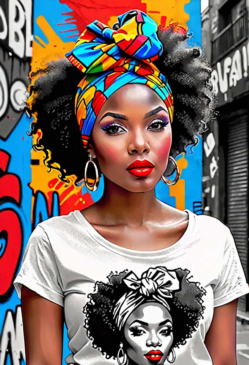 Black and white sketch of a black beautiful young woman with vivid red lipstick, afro hair and colorful head wrap, set against a vibrant urban backdrop featuring bold graffiti in a dynamic digital art style. This design seamlessly blends traditional elegance with contemporary street art, creating a striking visual contrast perfect for a unique and eye-catching t-shirt."