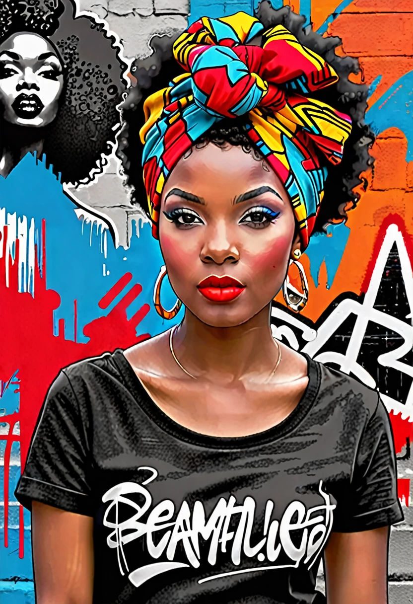 Black and white sketch of a black beautiful young woman with vivid red lipstick, afro hair and colorful head wrap, set against a vibrant urban backdrop featuring bold graffiti in a dynamic digital art style. This design seamlessly blends traditional elegance with contemporary street art, creating a striking visual contrast perfect for a unique and eye-catching t-shirt."