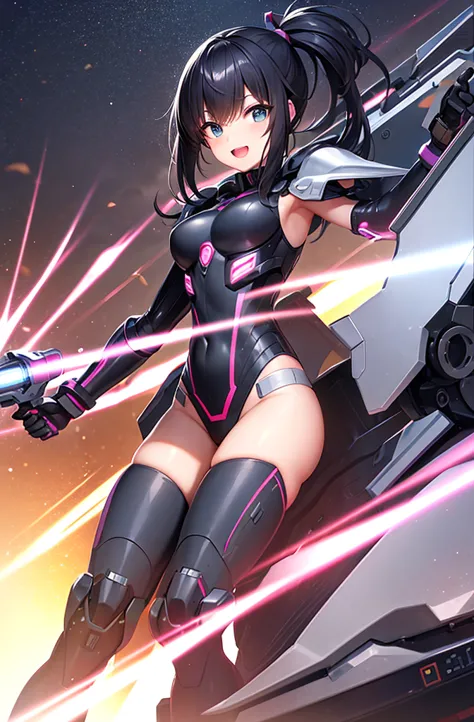 最high quality, high quality, 8K、High resolution,Highest quality、solo、Black Hair, Open Mouth Smile, A heroine of justice wearing ...