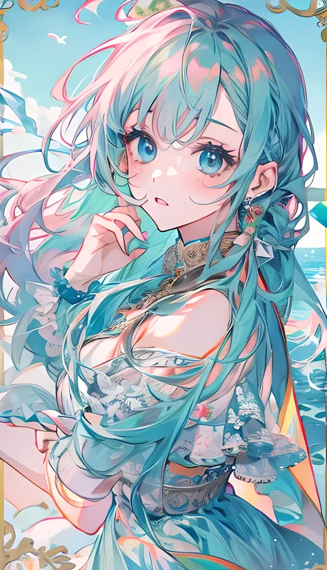 high resolution、One Girl、Vibrant colors、Vivid Color、Full body images、in the sea、marmaid、catsle、rainbow hair、 long hair、opal