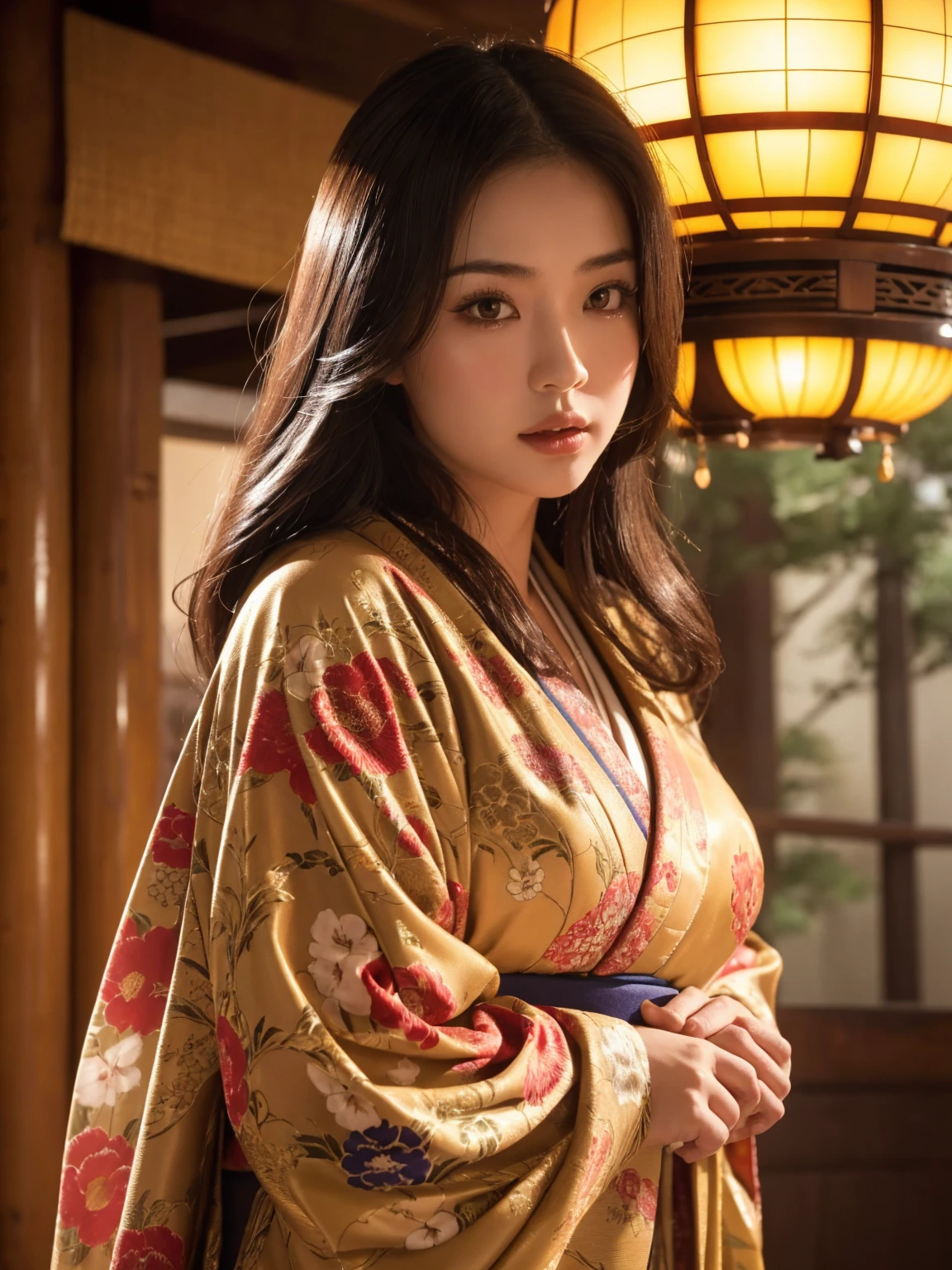 Японка с большой грудью в изысканном кимоно, богато украшенный храм, кинематографическая атмосфера, (Лучшее качество,4K,8К,Высокое разрешение,шедевр:1.2),ультрадетализированный,(реалистичный,photoреалистичный,photo-реалистичный:1.37),(смотрю на зрителя),очень детальное лицо,красивые детализированные глаза,красивые детализированные губы,чрезвычайно детализированные глаза и лицо,длинные ресницы,сложный дизайн кимоно,богато украшенный храм background,теплое освещение,Драматические тени,яркие цвета,photoреалистичный