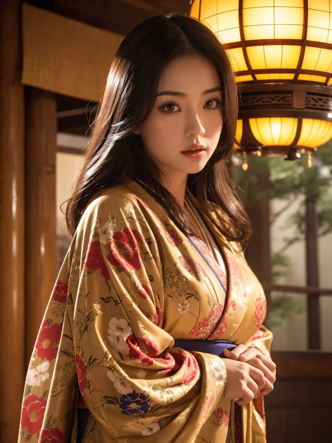 big breasted japanese woman in elaborate kimono, ornate shrine, cinematic atmosphere, (best quality,4k,8k,highres,masterpiece:1.2),ultra-detailed,(realistic,photorealistic,photo-realistic:1.37),(looking at viewer),highly detailed face,beautiful detailed eyes,beautiful detailed lips,extremely detailed eyes and face,long eyelashes,intricate kimono design,ornate shrine background,warm lighting,dramatic shadows,vibrant colors,photorealistic