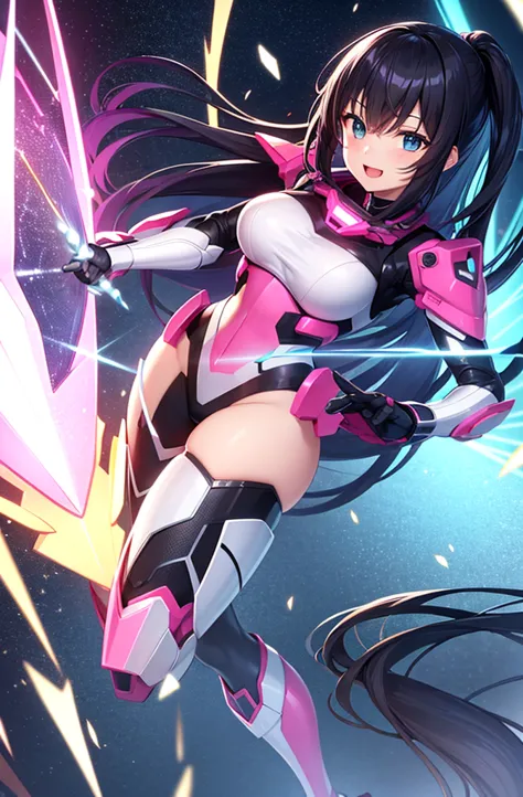 最high quality, high quality, 8K、High resolution,Highest quality、solo、A large heroine of justice wearing pink mecha cyber armor.、...