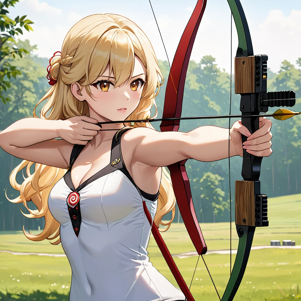 (A female archer at a shooting range aiming a 弓 and 箭 at a target in the distance:1.7), 1女孩, 独自的, 金头发, 卷发, 长发, 琥珀色的眼睛, 弓, 箭, 弓箭手姿势, 完美身材, (解剖学上正确:1.1), 侧面图, (杰作:1.3), (最好的品质:1.3, (高细节:1.3), (非常详细:1.3)
