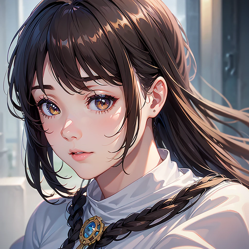 1girl, ponyhairstyle, detailed facial features, brown eyes, brown hair, casual clothes, polite expression, (best quality,4k,8k,highres,masterpiece:1.2),ultra-detailed,(realistic,photorealistic,photo-realistic:1.37),beautiful detailed eyes,beautiful detailed lips,extremely detailed eyes and face,longeyelashes,intricate details,natural lighting,warm colors,soft focus,cinematic