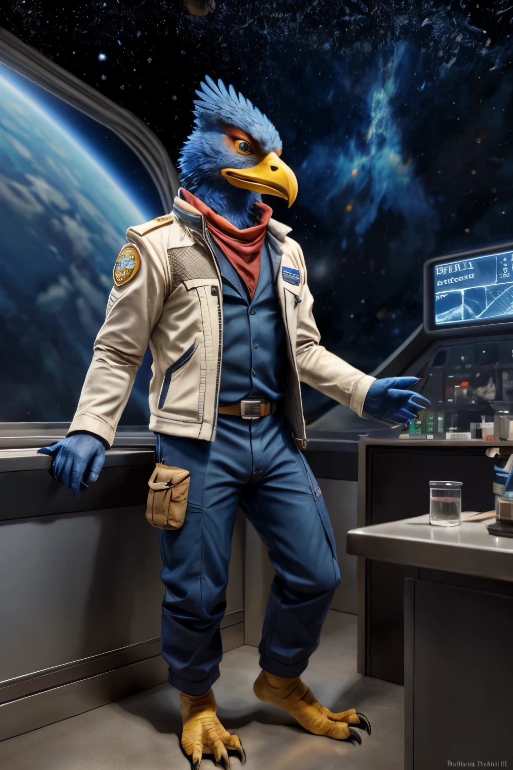 falco lombardi, avian, bird, safe, clothed, anthro, beak, blue body, blue feathers, blue eyes, feathers, male, neckerchief, wearing jacket, topwear, bottomwear, uniform, space station, science fiction, smile, solo, space, star, front view, yellow beak, feet, avian feet, night, city, fullbody, claws, paws, toe claws, standing
BREAK,
by rukis, by personalami, by kenket, (intricate, high detail, film photography, soft focus, RAW candid cinema,
photorealism, realistic, photorealistic, analog style, subsurface scattering,
masterpiece, best quality, ultra realistic, 8k)