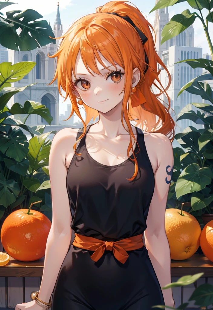 1girl, orange_hair, nami_(one_piece), solo, earrings, jewelry, long_hair, fruit, food, looking_at_viewer, upper_body, orange_(fruit), breasts, leaf, sleeveless, closed_mouth, tank_top, brown_eyes, bare_shoulders, hair_ribbon, smile, bangs, outdoors, arms_behind_back, ribbon, ponytail