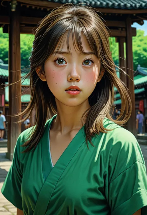 Spirited Away,Strong gaze,tension,Perfect composition,masterpiece,Highest quality,Outdoor,green,Natural light,Fresh,Vivid contra...