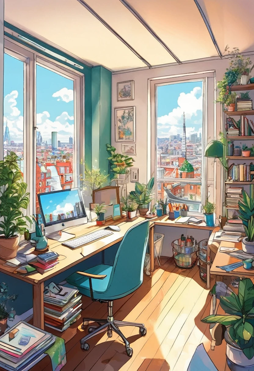 Ilustração de um quarto com vista para a cidade, Uma sala de artistas animados trabalhando duro, Detalhes da multa, confortável, Quarto limpo e arrumado