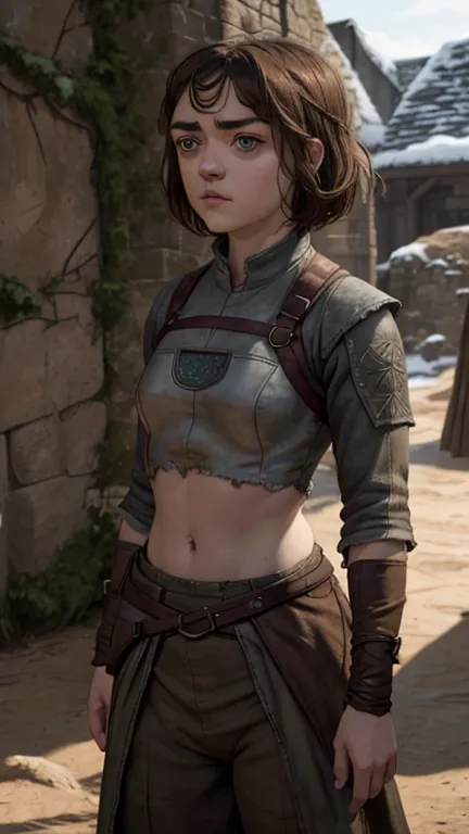 8k, maisie williams face, pale skin, toned abs, small breast, round ass, her round ass visible, brown hair, maisie williams as a...