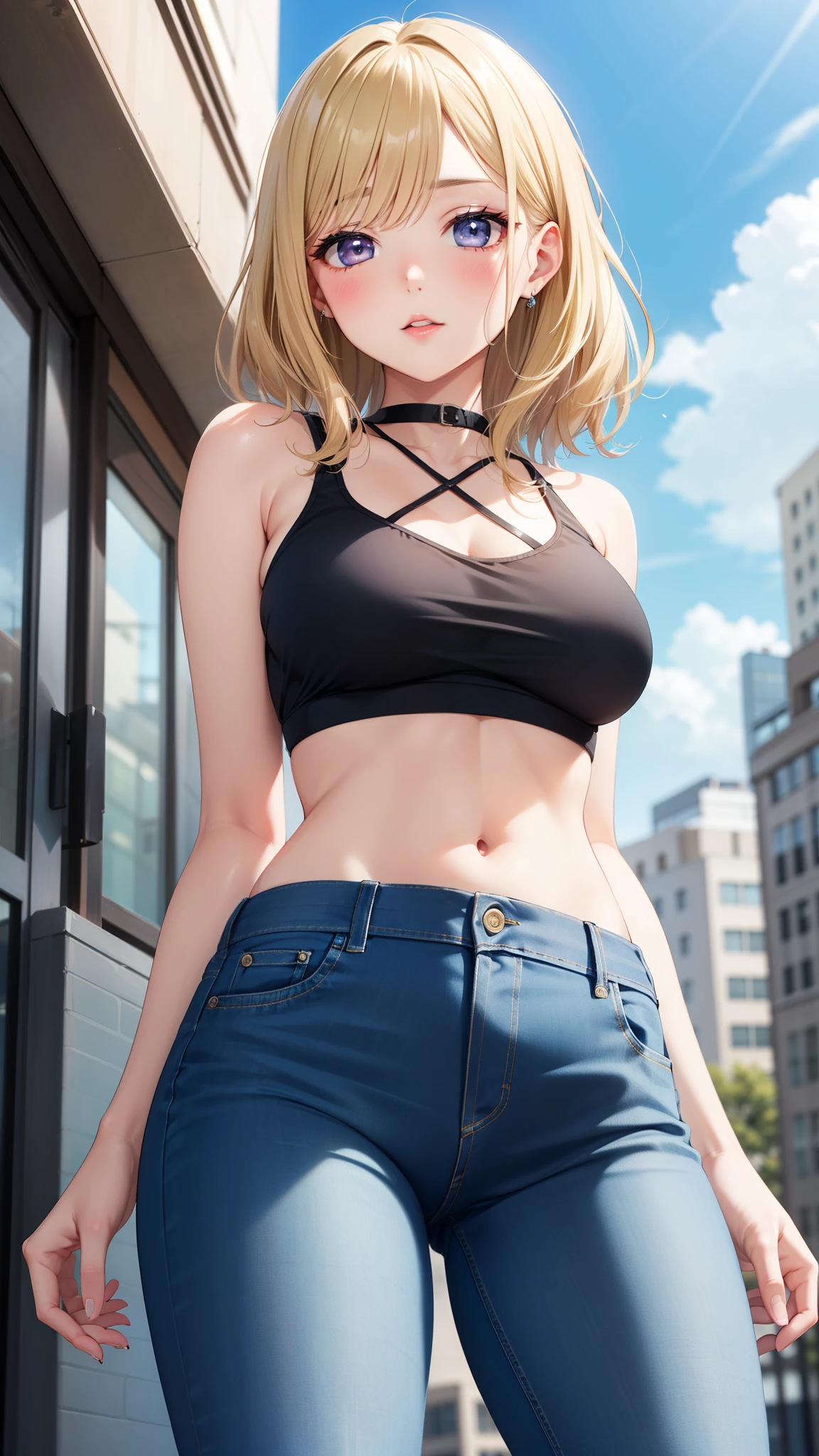 masterpiece, best quality, highly detailed, ultra high res, ayase arisa, kitagawa marin, 1girl, solo, blonde hair, glossy lips, full lips, city, halter top, jeans, looking at viewer