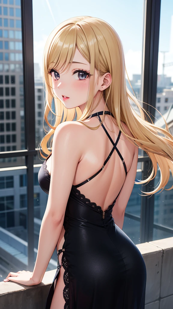 masterpiece, best quality, highly detailed, ultra high res, ayase arisa, kitagawa marin, 1girl, solo, blonde hair, glossy lips, full lips, city, halter top dress, looking back at viewer, (lace panties:0.8)