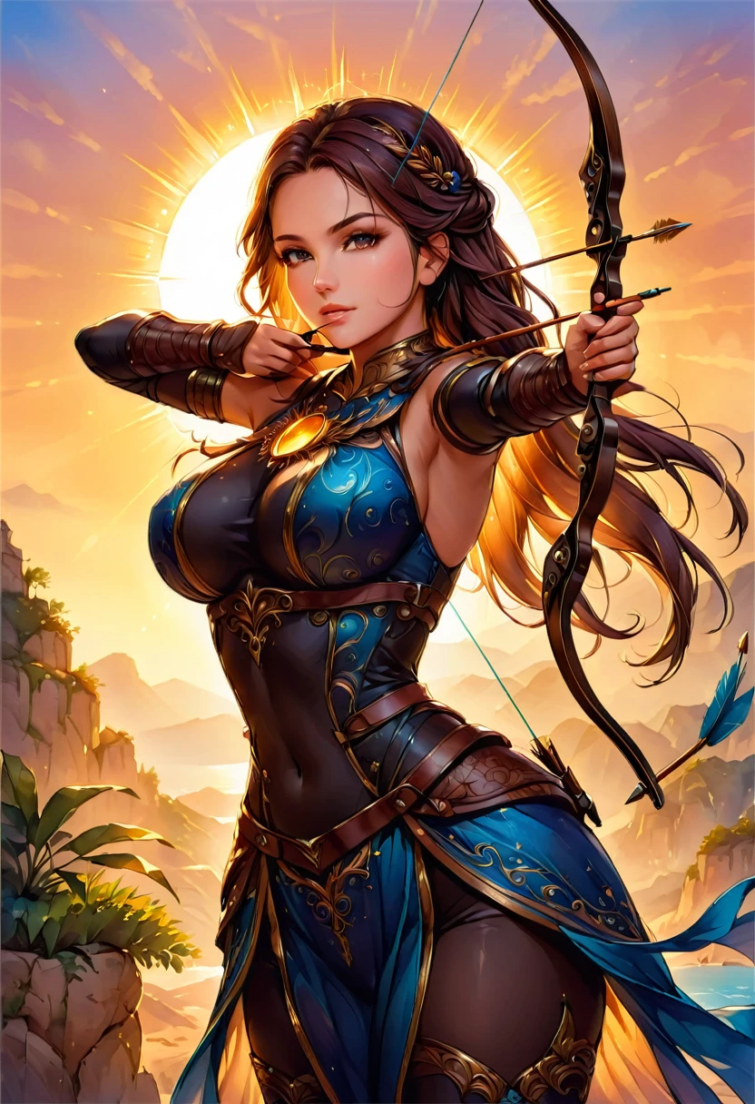 a watercolor illustration of a exquisite beautiful female archer, (silhouette artwork: 1.3), ready for action as the sun rises, fantasy art, ), sun rising behind the archer, ready to act,  ultra feminine, with a long curvy hair, dynamic clothing, intricate clothes, , sting drawn to the cheek , arrow ready to be shot, (tip of the arrow glimmers in the sun: 1.3), sunrays, divine rays, high details, best quality, 16k, [ultra detailed], masterpiece, best quality, (extremely detailed), dynamic angle, Aiming a Bow, bow (weapon)