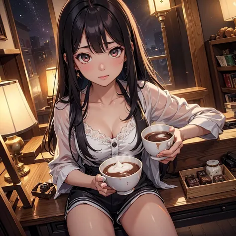 nsfw, sexy, erotic, a hyper-realistic anime-style girl vtuber with long, flowing hair and large, sparkling eyes is live streamin...