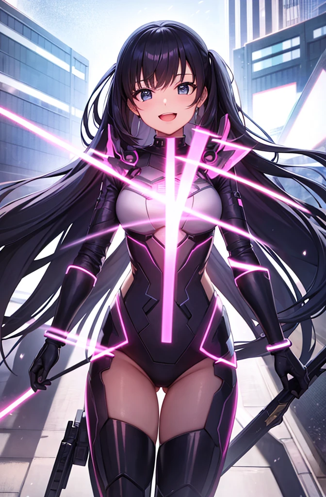 最high quality, high quality, 8K、High resolution,Highest quality、solo、A heroine of justice in a pink cyber suit、Black Hair, Open Mouth Smile, Thighs