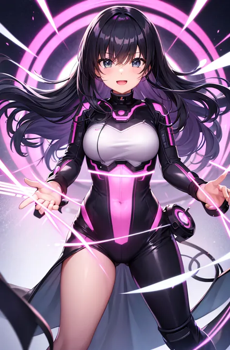 最high quality, high quality, 8K、High resolution,Highest quality、solo、A heroine of justice in a pink cyber suit、Black Hair, Open ...