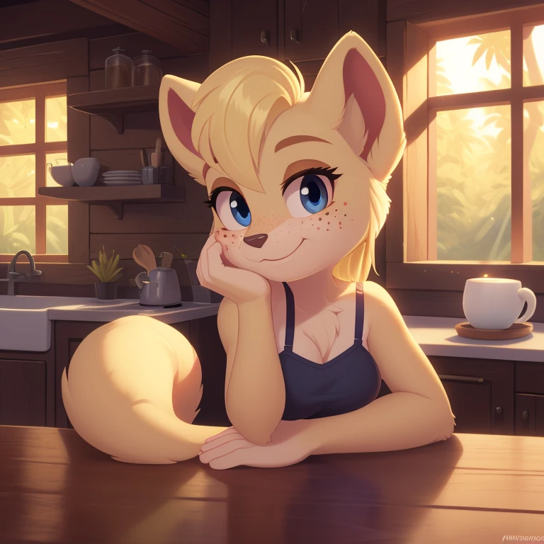 minerva, medium breast,
(detailed blonde hair:1.4), (detailed perfect eyes:1.2), white fur, (detailed fluffy fur:1.2), perfect hourglass body, mink snout, (long fluffy blonde tail:1.3), beautiful black eyes, relaxed pose, looking at viewer,
(freckles:1.2), light smile,
serving coffee,
(masterpiece:1.2), (best quality:1.2), (intricate:1.2), (highly detailed:1.2), (sharp:1.2), (8k:1.2), (highres:1.2),
cinematic summer tropical lighting, vivid colors,
kitchen, wooden cabin,
window, forest, rain,
aliceinwonderlandoutfit