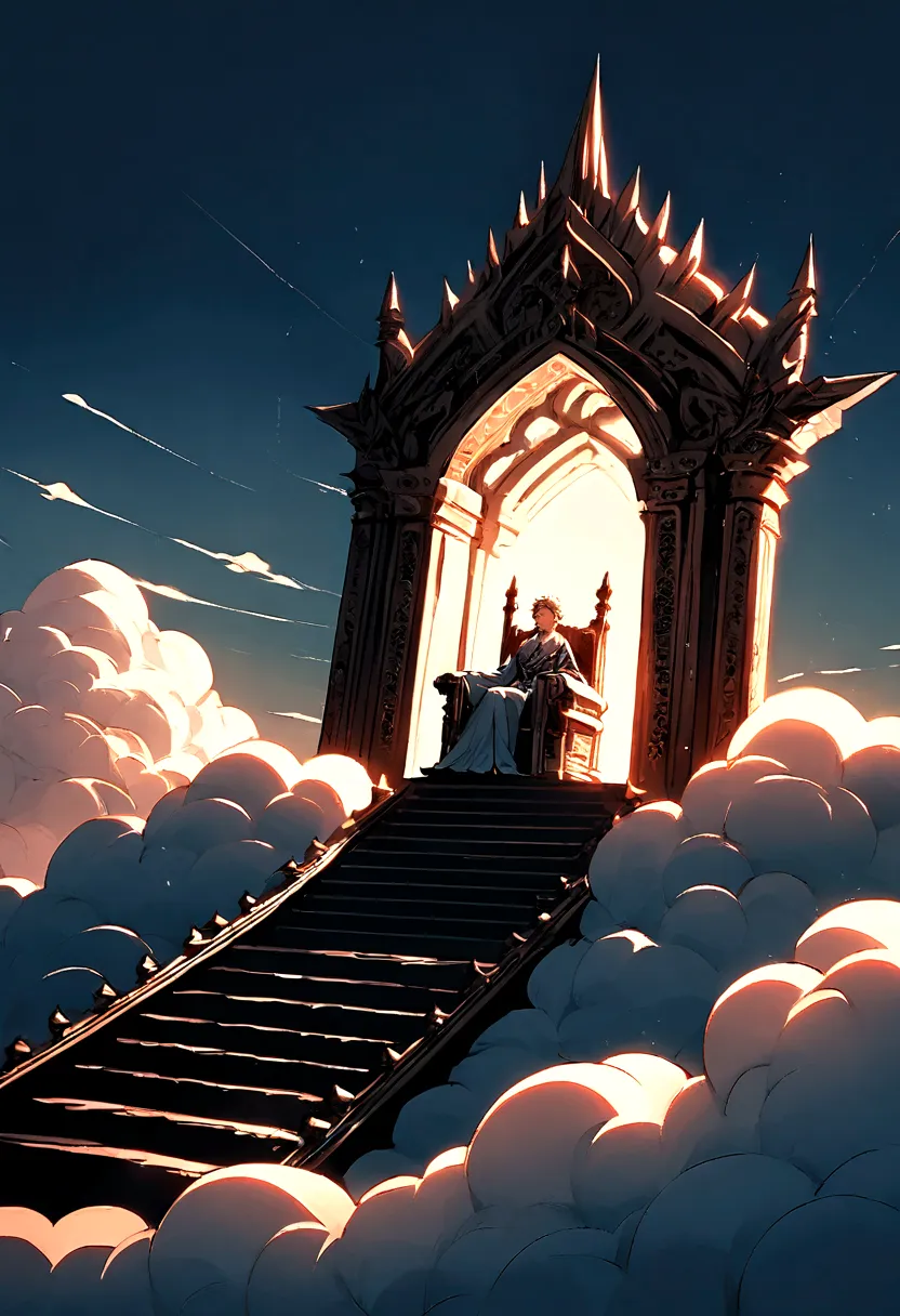 throne made of clouds , in the sky , front perspective