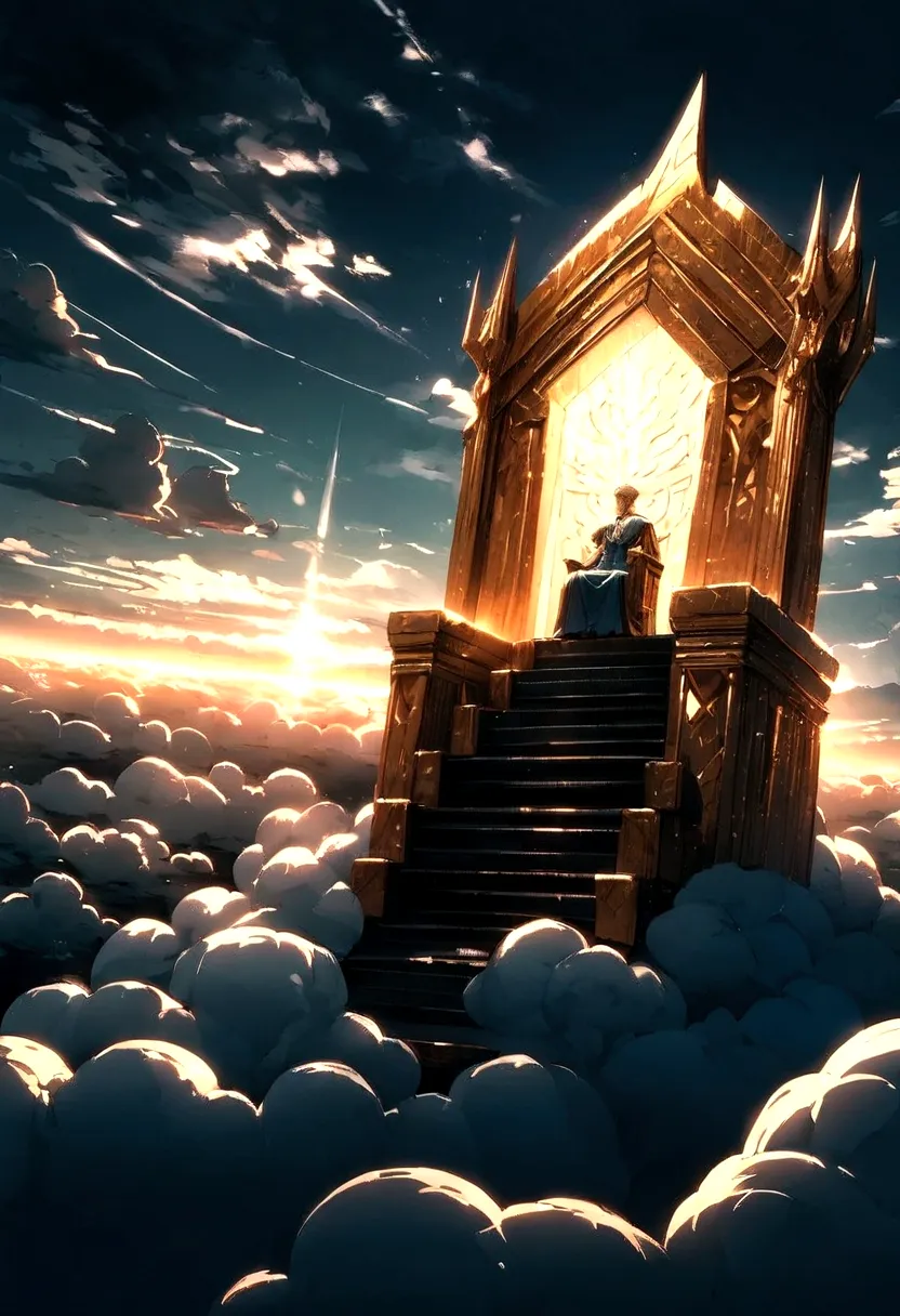 throne made of clouds , in the sky , front perspective