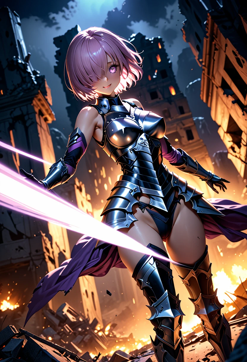 (masterpiece, top quality, best quality, beautiful and aesthetic:1.2), full body, SFW, extremely detailed, detailed face and eyes, cinematic light, depth of field, 1girl, seducing smile, solo, official, (full armored knight:1.4), dark armor, mash kyrielight, light purple hair, short hair, hair over one eye, slim body, cinematic lighting, dramatic lighting, dramatic atmosphere, hyper-realistic, high resolution, stunning contrast, high quality, best quality, 8k, 4k, intricately detailed, (amazing details:1.2), highly detailed skin, powerful presence, vibrant colors, (detailed eyes:1.2), striking eyes, (detailed background), (warzone on background, night, ruins), (dynamic angle:1.2), (dynamic pose:1.2)