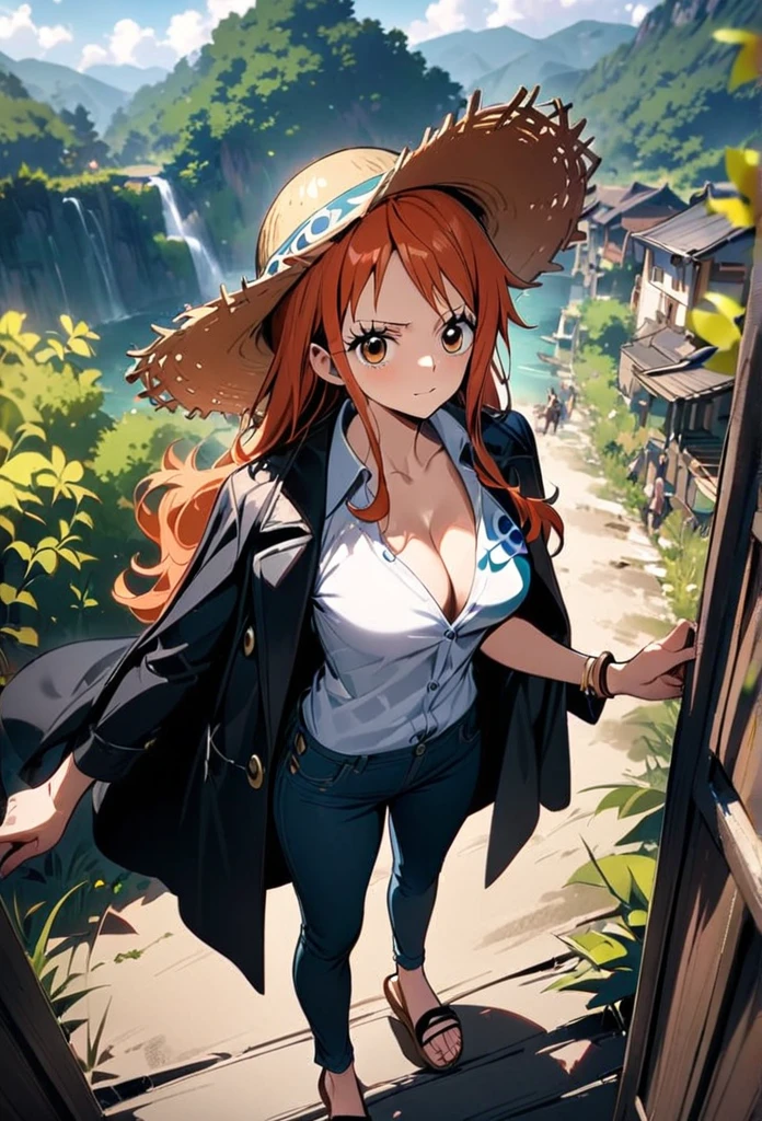 masterpiece, best quality), intricate details, 1 girl, woman, red hair, straw hat, nami \ (one piece\), scar on face, (long hair), shirt, white shirt, female focus, clothes, collared shirt, pants, cape, black coat, shirt, scar, sandals, pectorals, partially unbuttoned, cleavage, black coat on shoulders, nature, scenery, upper body,