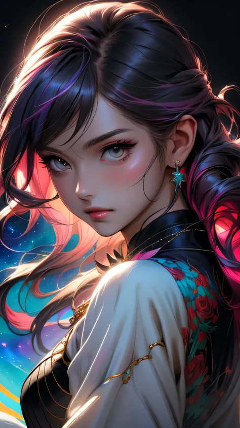 Close-up of a woman with colorful hair and necklace, Anime girl with space-like hair, The gentle vitality of rose roses, Gubes-s...