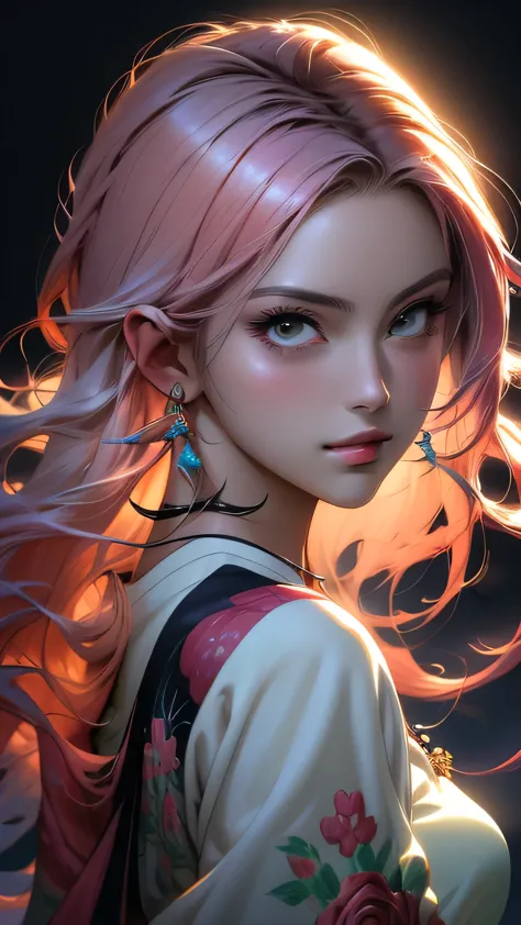 Close-up of a woman with colorful hair and necklace, Anime girl with space-like hair, The gentle vitality of rose roses, Gubes-s...