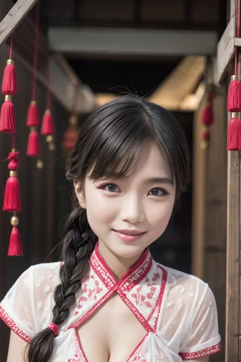 eyes are very fragile，double braids with cheongsam，chinese new year decorations（（smiling artwork）））， （（best quality））， （（intrica...