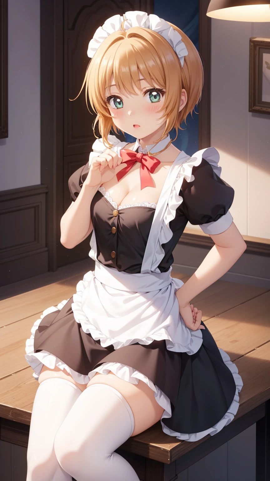 masterpiece, best quality, highres, 1girl, detailed face, blush, anime CG style, (medium breasts), (18 year old girl:1.3), (aged up), good lighting, perfect body, sakura kinomoto, glossy lips, cleavage, (curvy), cafe, maid, short puffy sleeves, small maid apron, thigh highs