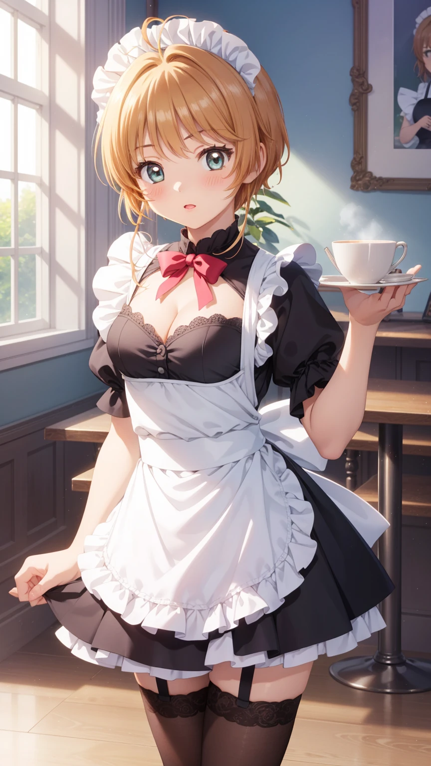 masterpiece, best quality, highres, 1girl, detailed face, blush, anime CG style, (medium breasts), (18 year old girl:1.3), (aged up), good lighting, perfect body, sakura kinomoto, glossy lips, cleavage, (curvy), cafe, maid, short puffy sleeves, small maid apron, thigh highs