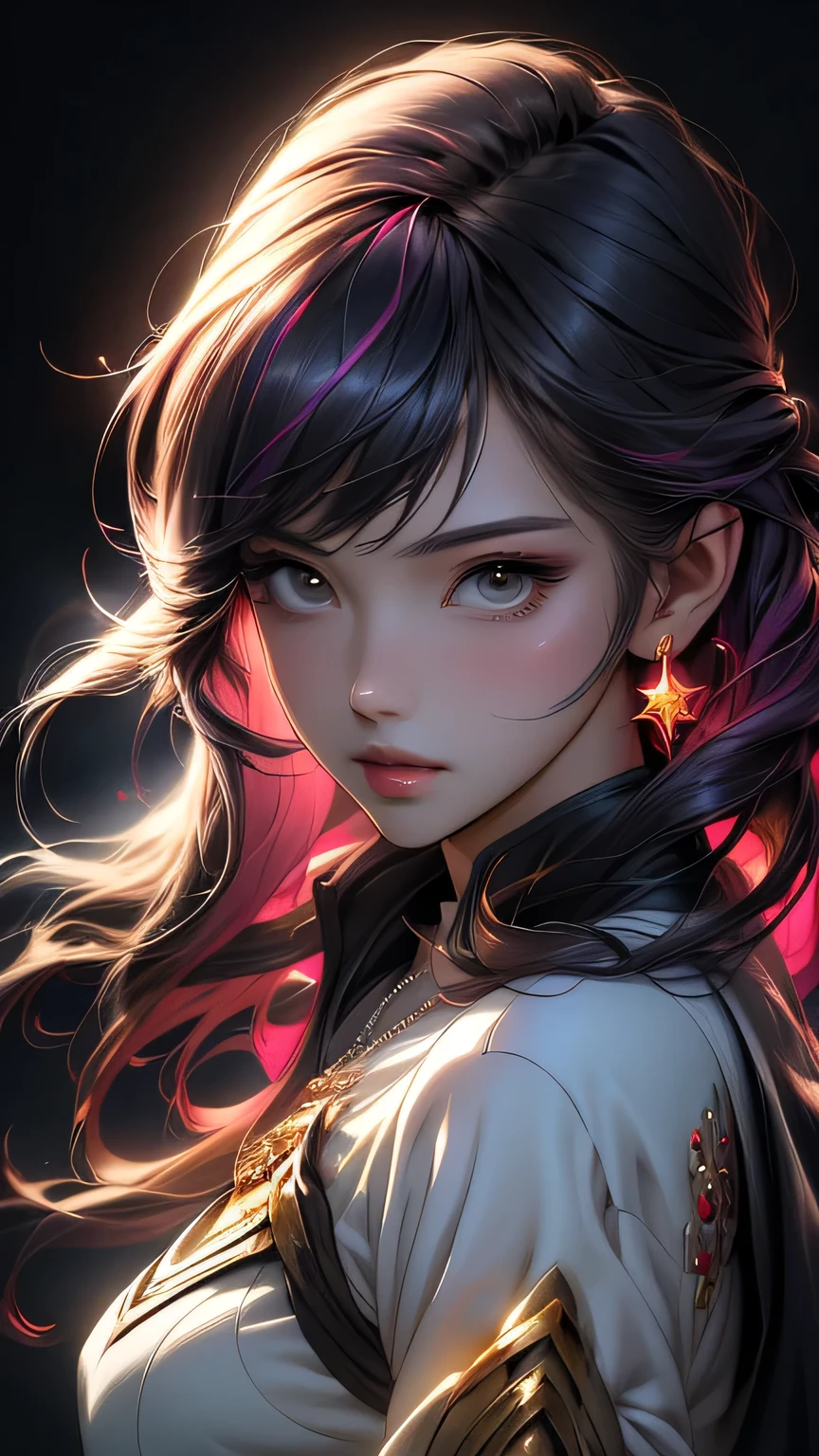 Close-up of a woman with colorful hair and necklace, Anime girl with space-like hair, The gentle vitality of rose roses, Gubes-style artwork, Fantasy art style, colorful], Vivid fantasy style, Ross draws vibrant cartoons, cosmic and colorful, Gwaiz, colorful digital fantasy art, Great art style, Beautiful anime style, Full body lighting, Skin Brightness, Sexy look, (Dynamic pose)､ masterpiece, 最high quality, high quality, High resolution､((Upper body portrait))､Upper body portrait､