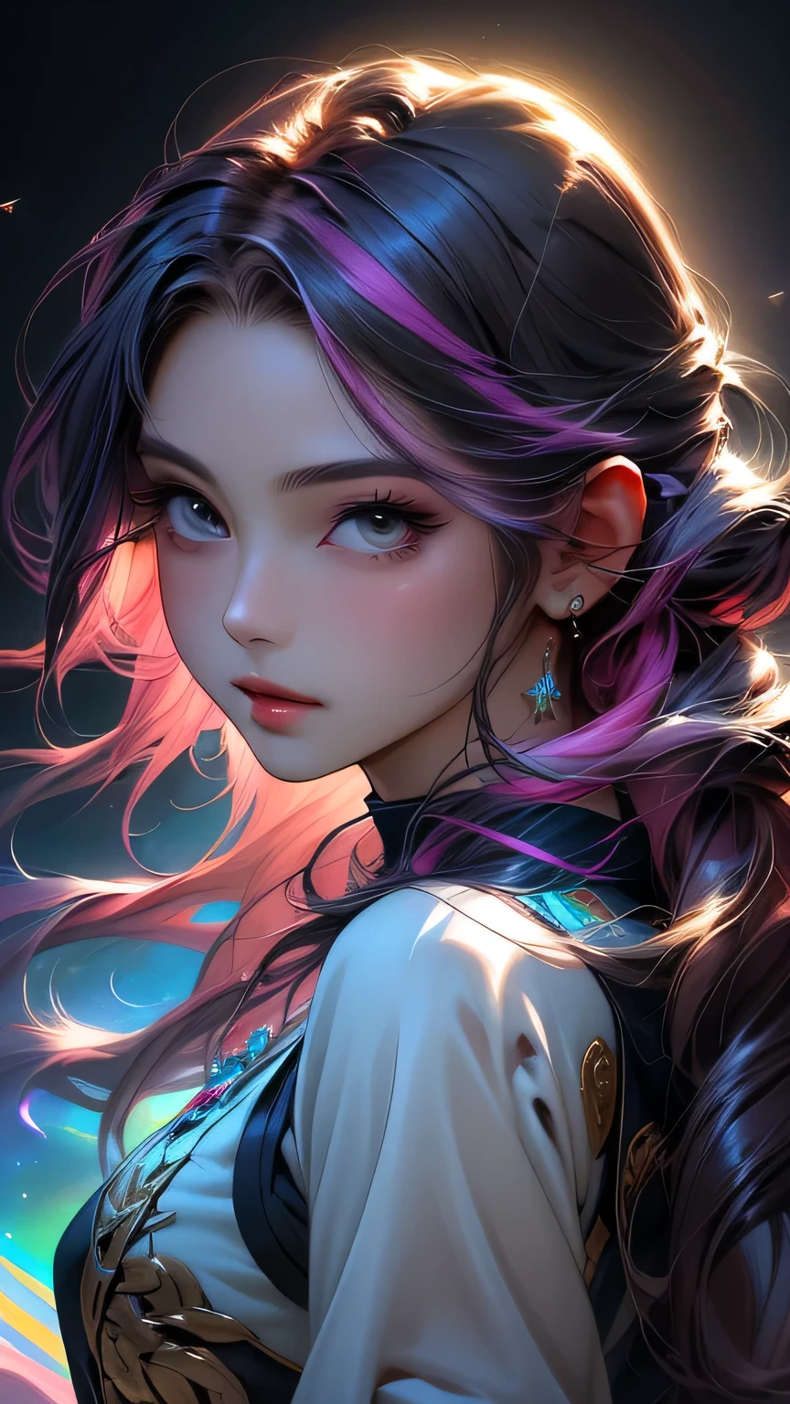 Close-up of a woman with Vistoso hair and necklace, Chica anime con cabello espacial., La suave vitalidad de las rosas rosadas., Obra de arte estilo Gubes, estilo de arte de fantasía, Vistoso], Estilo de fantasía vívida, Ross dibuja dibujos animados vibrantes, cosmic and Vistoso, Gwaiz, Vistoso digital fantasy art, Gran estilo artístico, hermoso estilo anime, iluminación de cuerpo completo, Luminosidad de la piel, mirada sexy, (pose dinámica)､ obra maestra, 最alta calidad, alta calidad, Alta resolución､((retrato de la parte superior del cuerpo))､retrato de la parte superior del cuerpo､