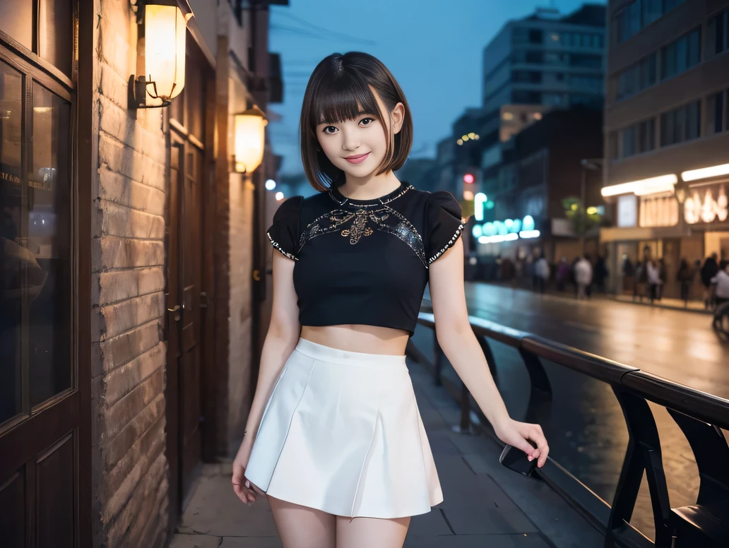 (8K, RAW Photos:1.2), Detailed face and eyes,最high quality, Ultra-high resolution, Very detailed ,Intricate details ,Tabletop ,pretty girl ,Round eyes、 Soft cinematic light, Hyper Detail,Sharp focus, high quality, Brown Hair,((Bobcut))、(Straight bangs)、City of night、Night view、 ((White crop top))、((Black、mini skirt))、”dwarf”、(Full Body Shot)、Waist、 can see your thighs)、Cowboy Shot、Smile、Clothes with short sleeves、((Large Breasts))、