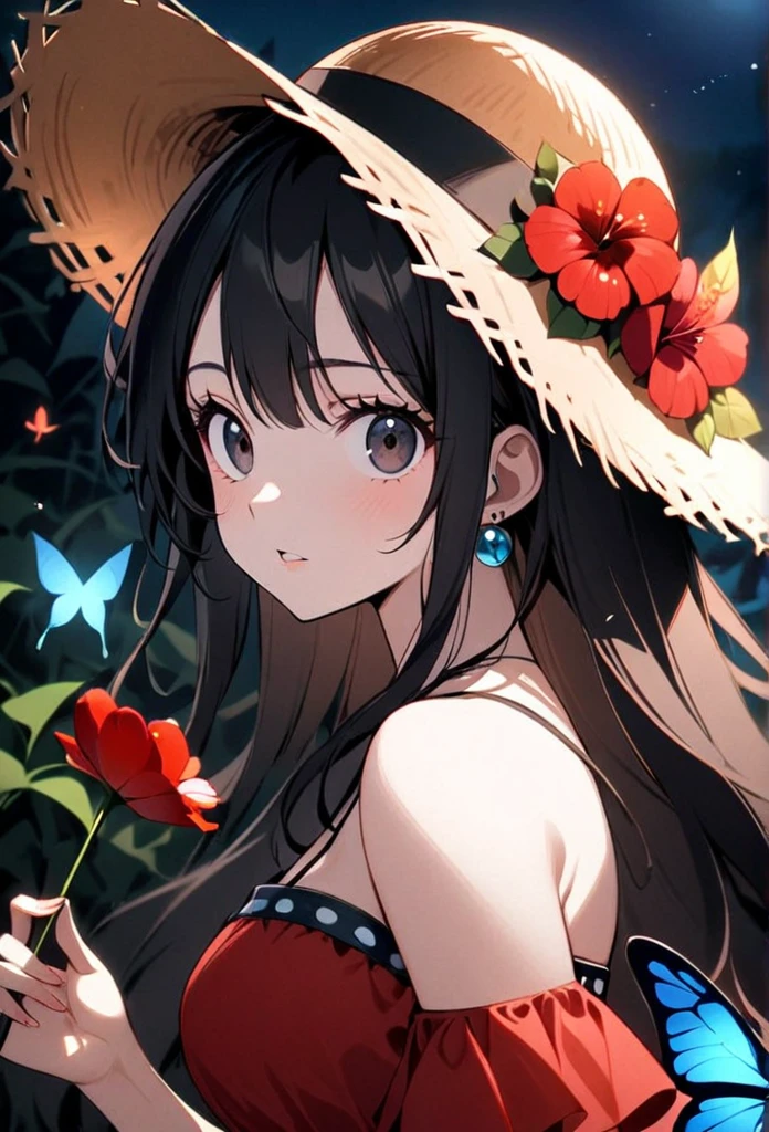 1girl, butterfly, bug, solo, hat, long_hair, jewelry, earrings, blue_butterfly, black_hair, straw_hat, looking_at_viewer, flower, dress, hat_flower, parted_lips, upper_body, bare_shoulders, breasts, black_eyes, red_flower, red_dress, from_side, butterfly_hair_ornament, bangs, holding, hair_ornament, straw hat, luffy, female luffy, night