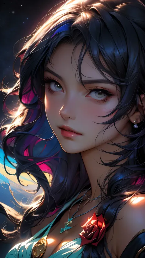 Close-up of a woman with colorful hair and necklace, Anime girl with space-like hair, The gentle vitality of rose roses, Gubes-s...