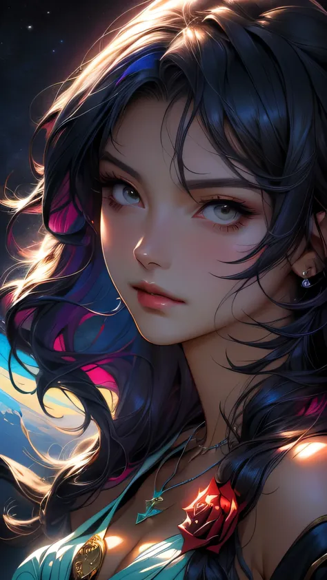 close-up of a woman with colorful hair and necklace, anime girl with space-like hair, the gentle vitality of rose roses, gubes-s...