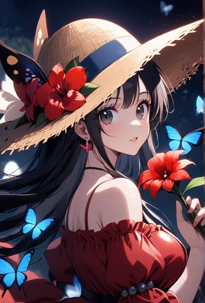 1girl, butterfly, bug, solo, hat, long_hair, jewelry, earrings, blue_butterfly, black_hair, straw_hat, looking_at_viewer, flower, dress, hat_flower, parted_lips, upper_body, bare_shoulders, breasts, black_eyes, red_flower, red_dress, from_side, butterfly_hair_ornament, bangs, holding, hair_ornament, straw hat, luffy, female luffy, night