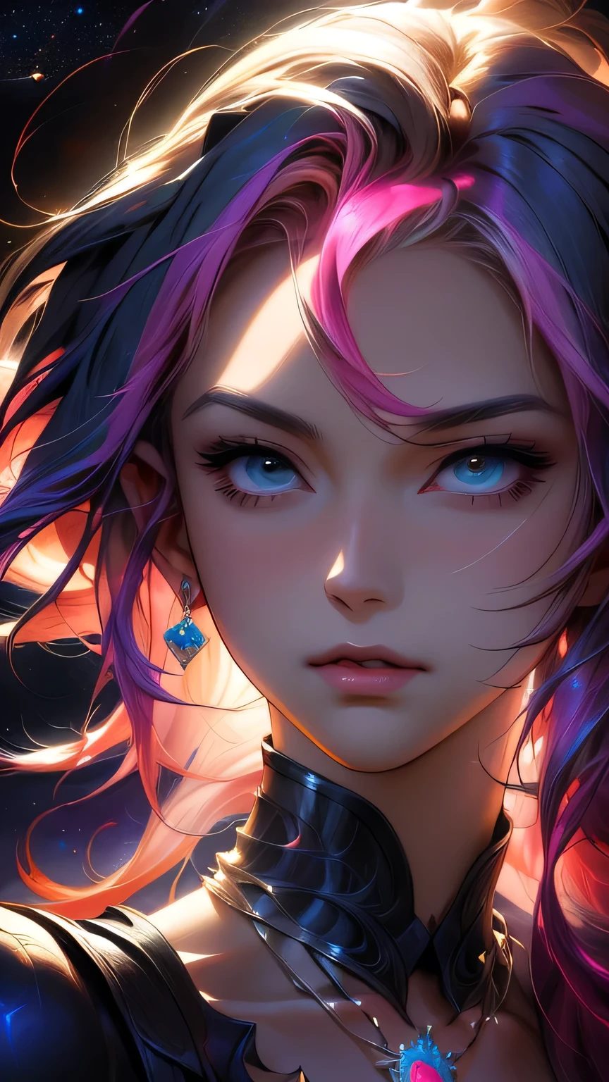 Close-up of a woman with colorful hair and necklace, Anime girl with space-like hair, The gentle vitality of rose roses, Gubes-style artwork, Fantasy art style, colorful], Vivid fantasy style, Ross draws vibrant cartoons, cosmic and colorful, Gwaiz, colorful digital fantasy art, Great art style, Beautiful anime style, Full body lighting, Skin Brightness, Sexy look, (Dynamic pose)､ masterpiece, 最high quality, high quality, High resolution､((Face close-up))､