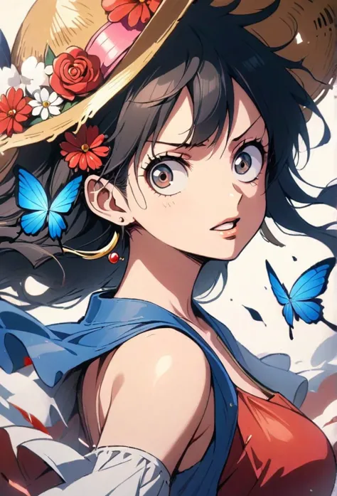 1girl, luffy, butterfly, bug, solo, hat, long_hair, jewelry, earrings, blue_butterfly, black_hair, straw_hat, looking_at_viewer,...