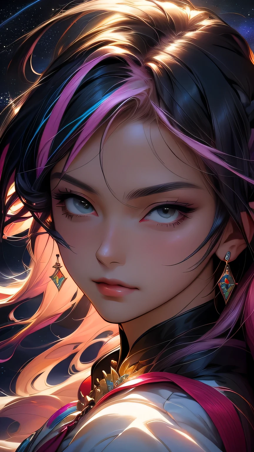 Close-up of a woman with colorida hair and necklace, Garota de anime com cabelo parecido com o espaço, A suave vitalidade das rosas rosas, Arte em estilo Gubes, Estilo de arte de fantasia, colorida], estilo de fantasia vívido, Ross desenha desenhos animados vibrantes, cosmic and colorida, Gwaiz, colorida digital fantasy art, Grande estilo de arte, lindo estilo de anime, iluminação de corpo inteiro, Brilho da pele, Olhar sexy, (pose dinâmica)､ obra de arte, 最alta qualidade, alta qualidade, Alta resolução､((Close do rosto))､