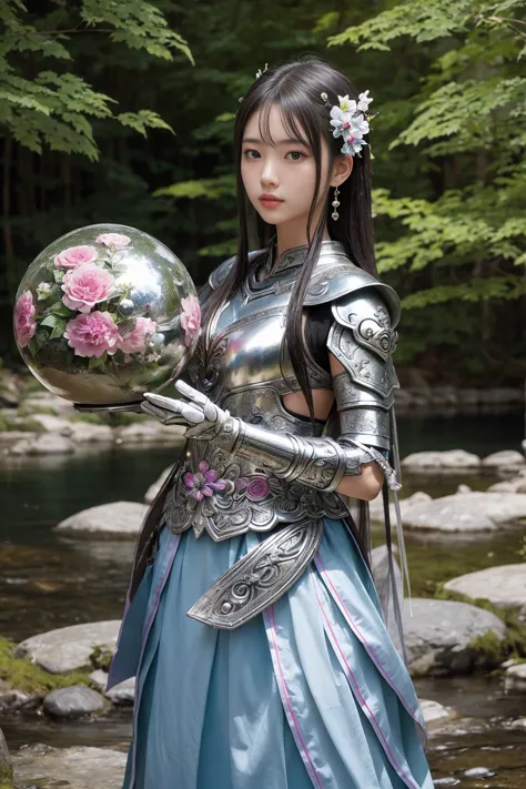A striking realistic photo of a beautiful Japanese warrior woman in vibrant silver armor and decorated with fresh flowers. The a...