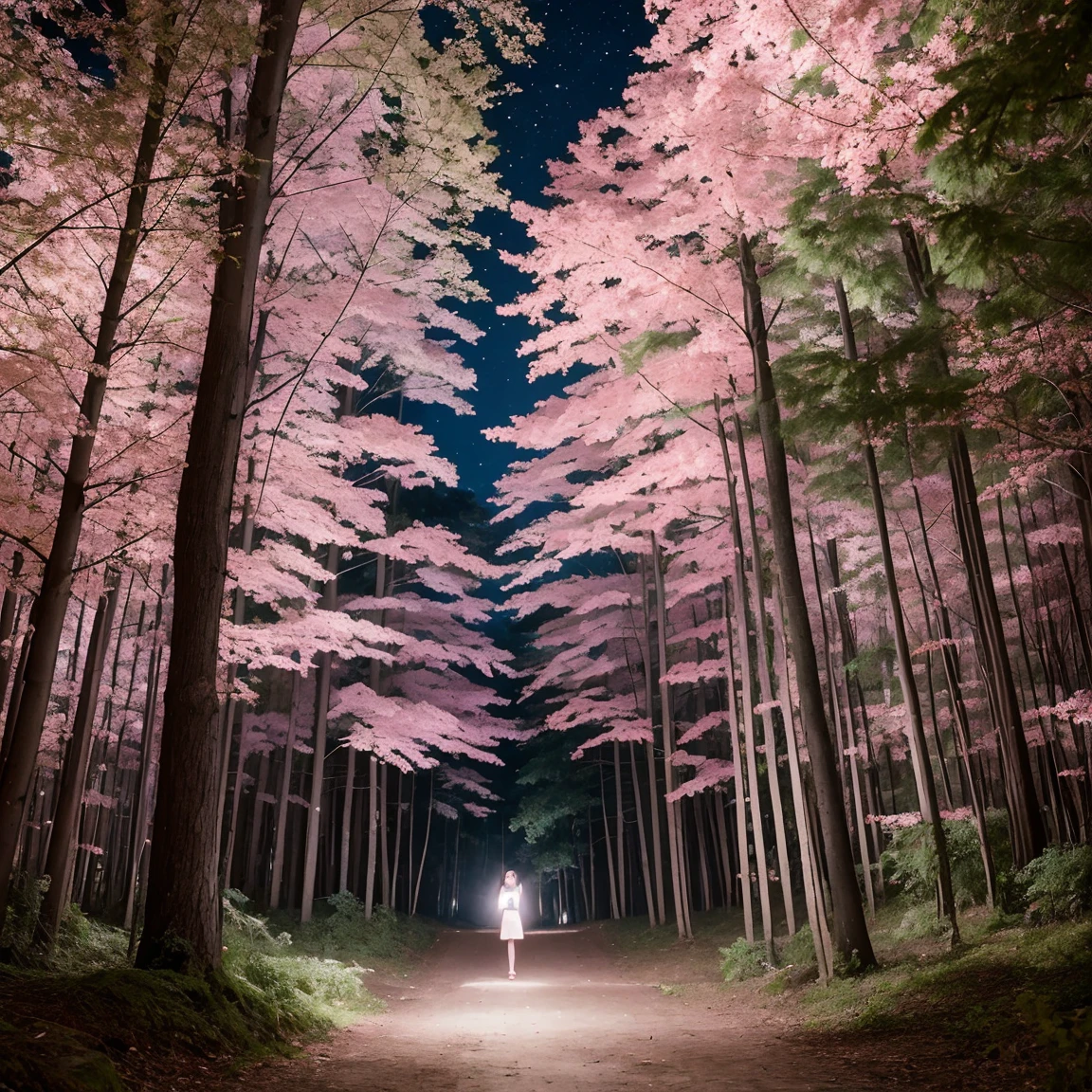 높은 해상도、아름다운 묘사、숲길、사람을 더 크게 그리세요、밤、한 사람、 서있는 소녀、앞으로 향함、웃다、안경을 쓰고있는、핑크 세퍼레이트 수영복、날씬한 몸매