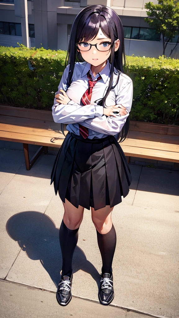 I want a picture of a bully student in a schoolyard. She is wearing a  and has a mischievous smile. Is standing, with arms crossed, in front of a nerdy boy with big glasses who is sitting on a bench and looking uncomfortable