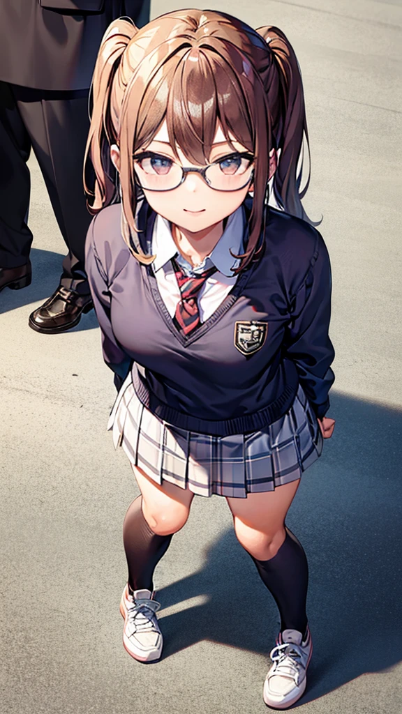 I want a picture of a bully student in a schoolyard. She is wearing a  and has a mischievous smile. Is standing, with arms crossed, in front of a nerdy boy with big glasses who is sitting on a bench and looking uncomfortable