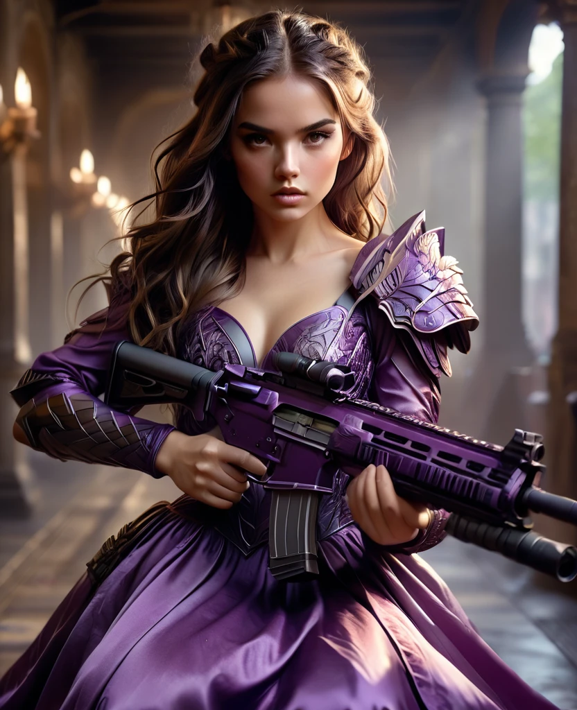 Una joven y asombrosamente hermosa guerrera vestida con un vestido de noche de satén de camuflaje morado oscuro hasta el suelo, Relación ideal, squat, Llevar un rifle de asalto, una mirada tensa, Cara y ojos detallados., piel perfecta, pelo que fluye, postura elegante, iluminación realista y cinematográfica, fantasía dramática, Muy detallado, 8K, obra maestra