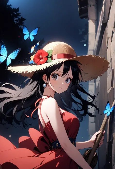 1girl, (luffy), butterfly, bug, solo, hat, long_hair, jewelry, earrings, blue_butterfly, black_hair, straw_hat, looking_at_viewe...